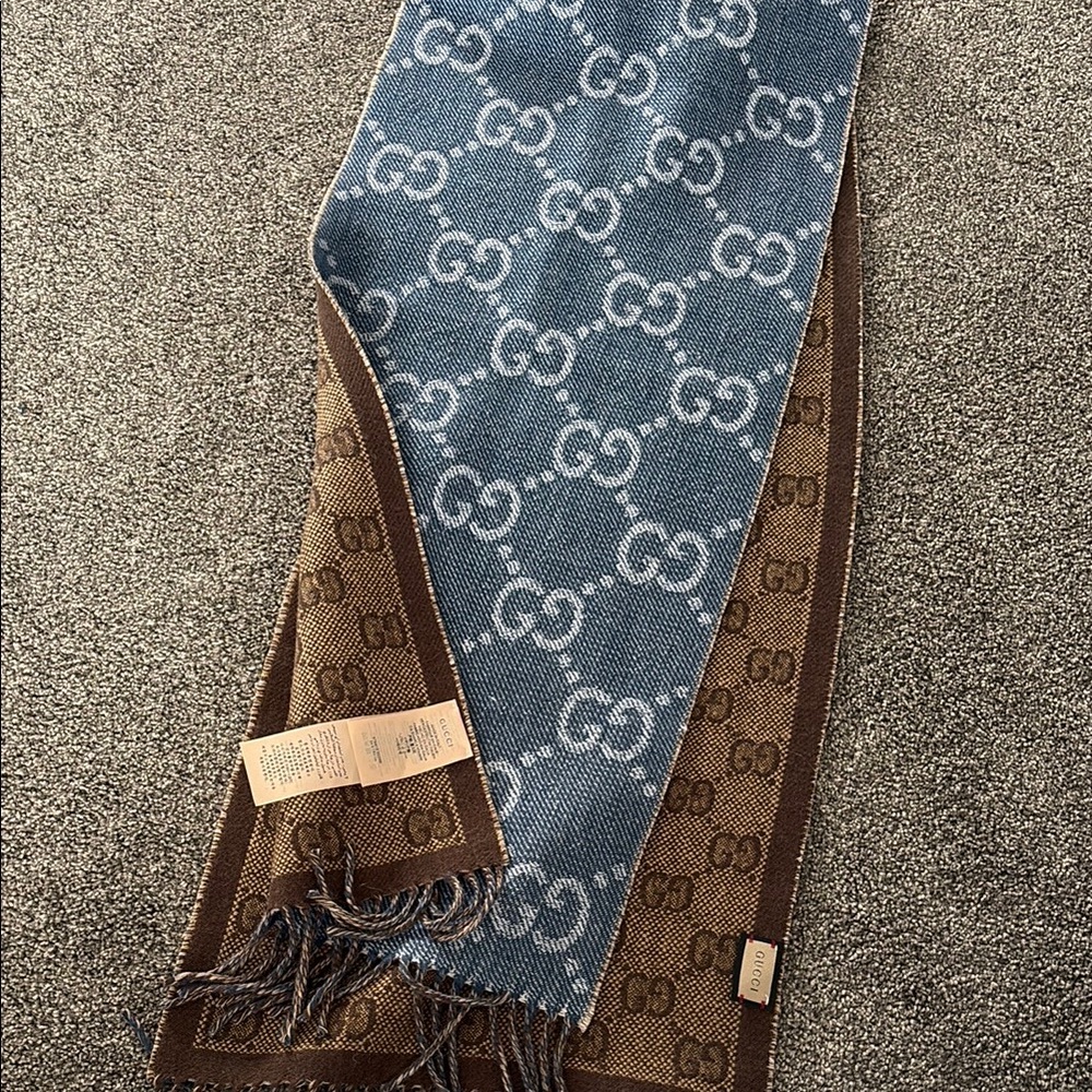 Gucci Blue and Brown Reversible Scarf